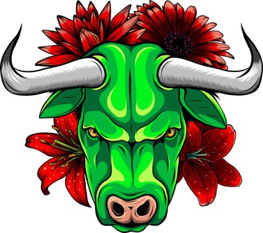 Beyaz arkaplanda çiçek vektör çizimi olan baş boğa.