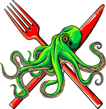 Restoran ikonu, sembol veya logo için çatal bıçaklı bir ahtapotun vektör çizimi.