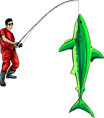 Balıkçı ve köpekbalığı vektör illüstrasyonu