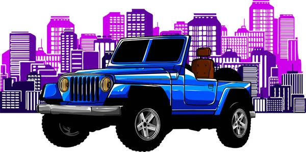 Immagine Una Jeep Fronte Una Grande Silhouette Cittadina Stile Piatto — Vettoriale Stock
