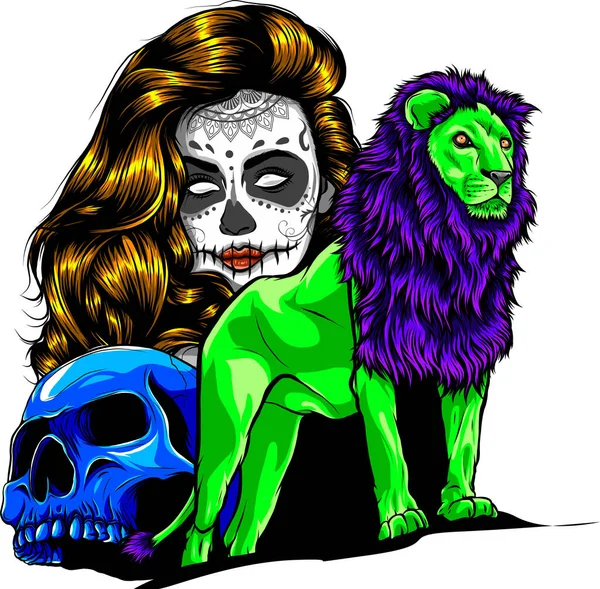 Löwe Mit Totenkopf Und Mädchen Vektor Illustration Auf Weißem Hintergrund — Stockvektor