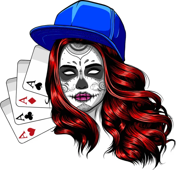 ポーカーエースと頭の上にキャップを持つ女の子のイラスト 白い背景のベクトル デジタルハンドドロー — ストックベクタ