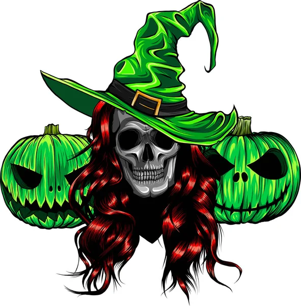 Halloween Pompoen Met Heksenschedel Vector Illustratie Witte Achtergrond Digitale Handtekening — Stockvector
