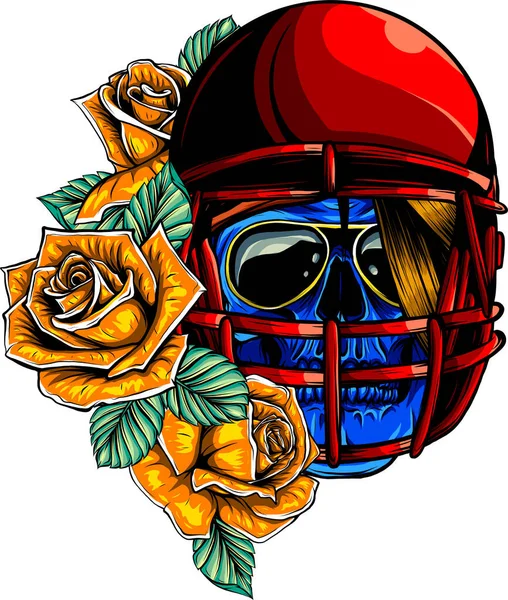 Skull Football Helmet Roses Vector Illustration White Background Digital Hand — Stock Vector