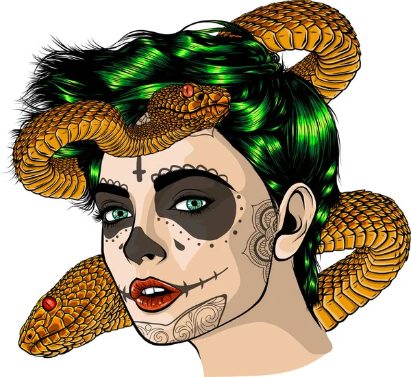 白い背景の女性の頭の周りのヘビのベクトル図 — ストックベクタ