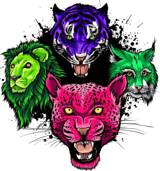 Dibujos Animados Grandes Gatos Vector Conjunto Ilustración Puma Jaguar Leopardo — Vector de stock