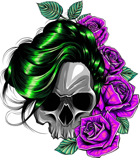 Crâne Femme Avec Des Roses Rouges Verctor Illustration Sur Fond — Image vectorielle