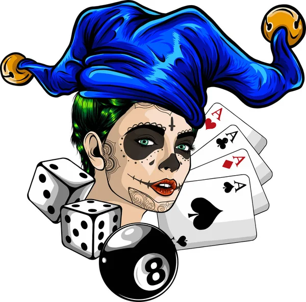 Sucre Tête Femme Avec Chapeau Joker Sur Fond Blanc — Image vectorielle