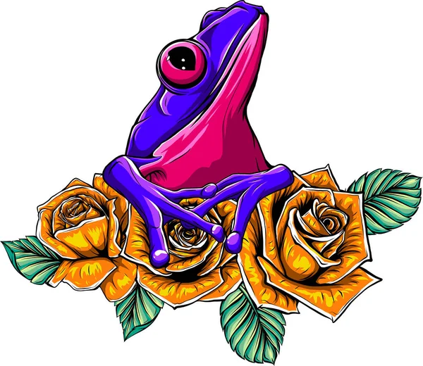 Grenouille Sur Des Roses Rouges Avec Des Feuilles Vectorielles Illustration — Image vectorielle