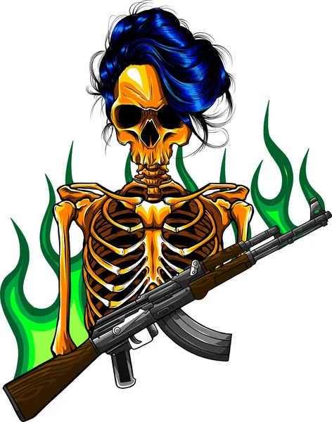 Žena Skeleton Držení Útočnou Pušku Plameny Vektorové Ilustrační Design — Stockový vektor