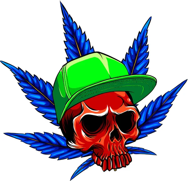 Cranio Con Foglie Marijuana Cappello Disegno Illustrazione Vettoriale — Vettoriale Stock