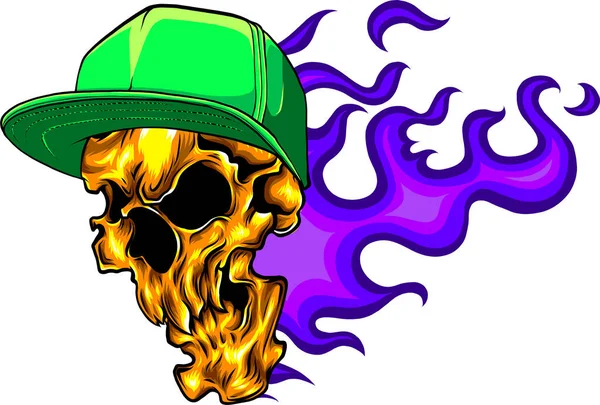 Skull Head Wearing Hat Flames Vector Illustration — Stock Vector