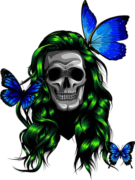 Femme Crâne Aux Cheveux Longs Roses Papillons Colorés Dessinés Main — Image vectorielle