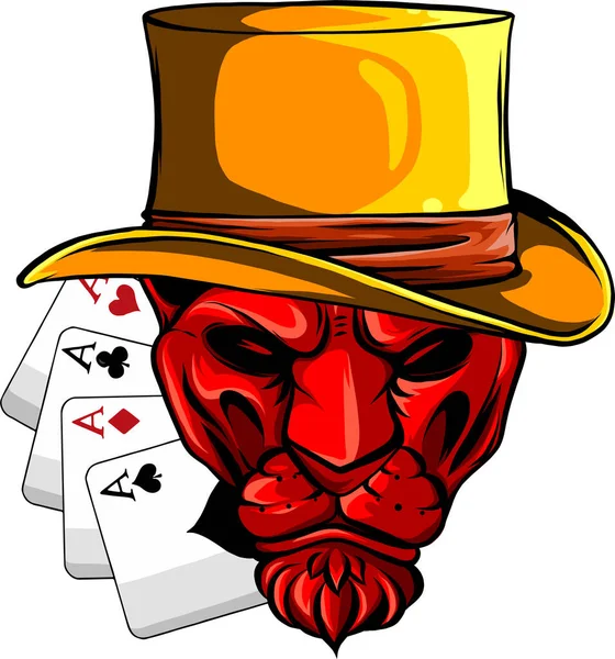 头戴圆顶礼帽 头戴扑克牌的狮子的画像 矢量图解设计 — 图库矢量图片
