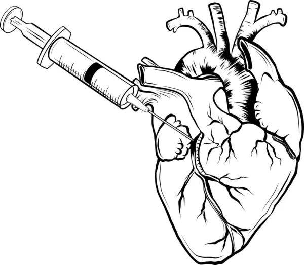 Επίπεδη Απεικόνιση Ιατρικής Σύριγγας Φάρμακο Εμβόλιο Ιστορικό Καρδιάς Μεμονωμένο Εικονίδιο — Διανυσματικό Αρχείο