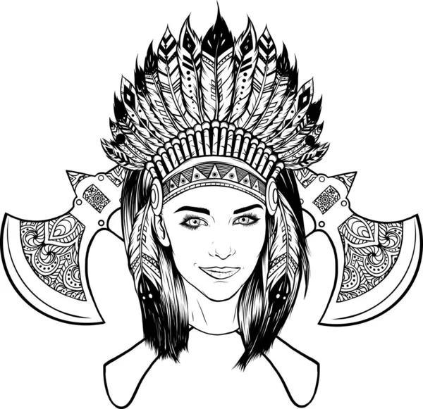 Indianerin Mit Traditioneller Gefiederter Kopfbedeckung Schwarz Weißes Vektorprofil Kopf Porträt — Stockvektor