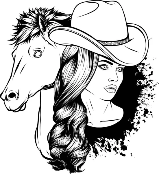 Preto Branco Cowgirl Vetor Ilustração —  Vetores de Stock