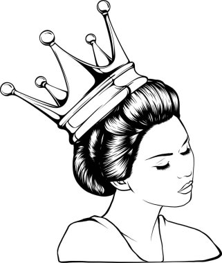 Geleneksel saç ve çiçek süslemeleri takan Japon bir kadının gerçekçi detaylı portresi. Grafiksel dövme stili monokrom çizimi. Tişört baskısı için tasarım ögesi.