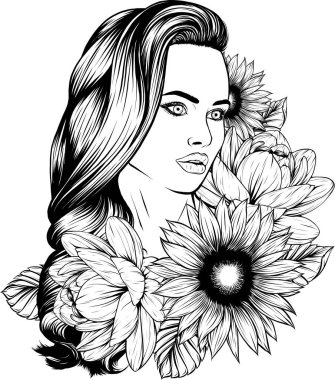 Vektör kadın yüzü. Kıvırcık saç stili. Uzun dalgalı bukleli güzel bir kız..