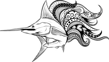 Mavi Kılıçbalığı. Siyah beyaz kılıç balığının basit minimalist vektör çizimi