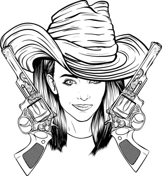 Cowgirl Noir Blanc Contour — Image vectorielle
