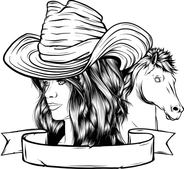 Černá Bílá Cowgirl Vektorová Ilustrace — Stockový vektor