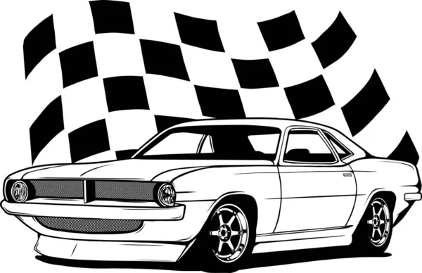 マッスルカーラインアート 車載ベクトル図 ラベル バッジ 広告やサインのためのヴィンテージスポーツ車のデザイン 光と闇の背景に隔離された — ストックベクタ