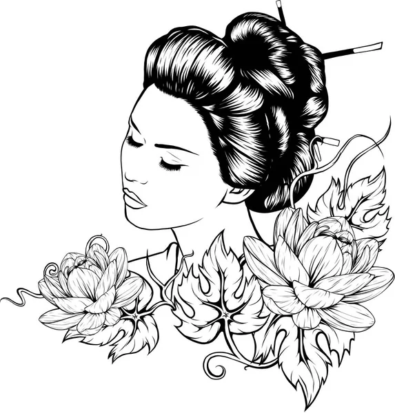 Geleneksel Saç Çiçek Süslemeleri Takan Japon Bir Kadının Gerçekçi Detaylı — Stok Vektör