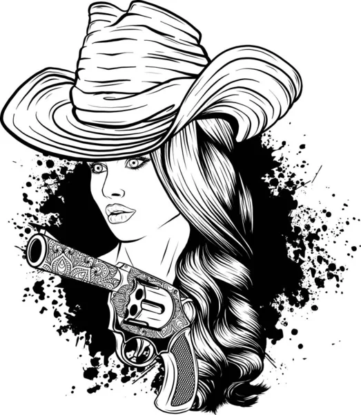 Cowgirl Black White Outline — Stock Vector