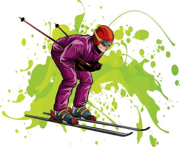 Человек Лыжах Иллюстрация Округлые Формы Мультфильм Стиль — стоковый вектор