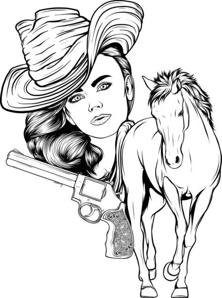 Preto Branco Cowgirl Vetor Ilustração — Vetor de Stock