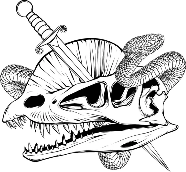 Zwarte Lijn Dinosaurus Dilophosaurus Skull Vector — Stockvector