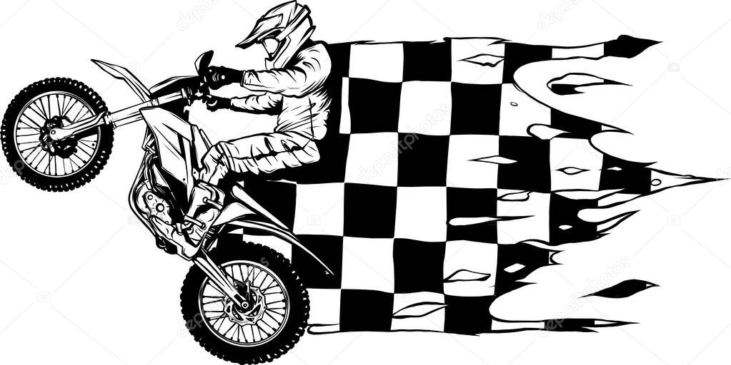 Vector of black and white racer riding the motocross