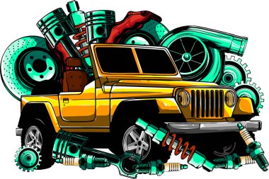 Beyaz arkaplanda avcı arabası Jeep vektör çizimi.