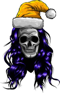 Noel Şapkalı Kafatası çizgi filmi. Basit gradyanlı vektör illüstrasyonu.