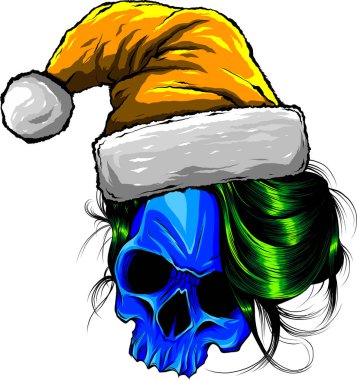 Noel Şapkalı Kafatası çizgi filmi. Basit gradyanlı vektör illüstrasyonu.