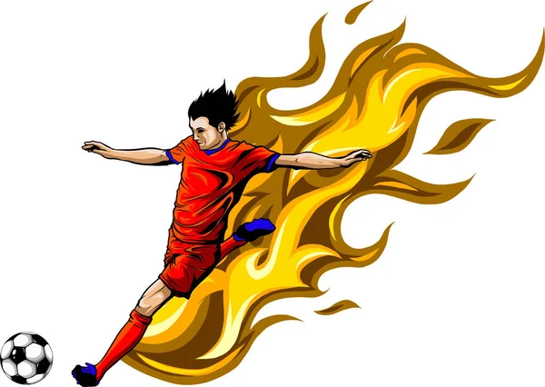 Vektor Soccer Player Flame Kick Flame Záró Labdarúgó Atléta Csinál — Stock Vector