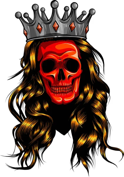 Женский Череп Короной Длинной Королевой Смерти Нарисованный Стиле Татуировки — стоковый вектор