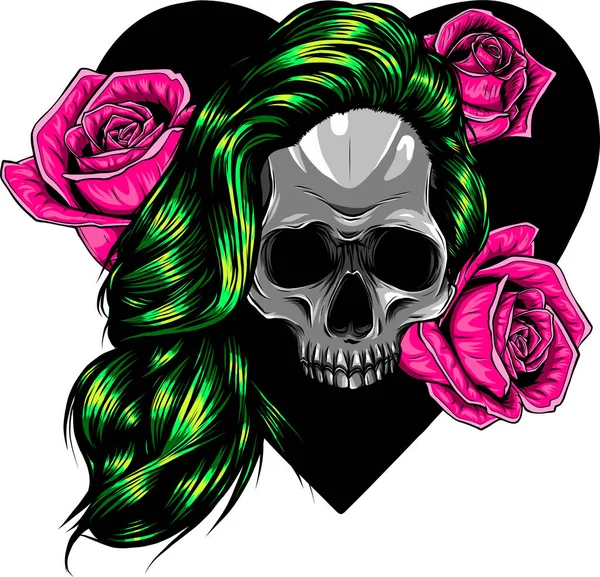 Crânio Humano Com Flor Coroa Rosas — Vetor de Stock