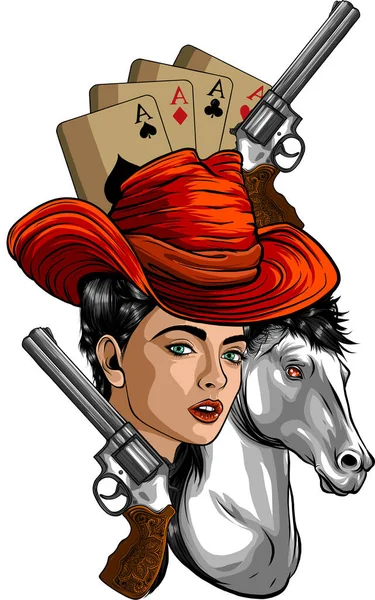 Femme Avec Chapeau Cow Boy Illustration Dessinée Main Sur Fond — Image vectorielle