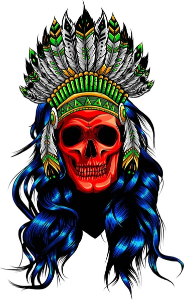 手绘美洲印第安人带有人类骷髅的希伯来语 印第安部落族长羽毛帽和骷髅的矢量彩色图解 — 图库矢量图片