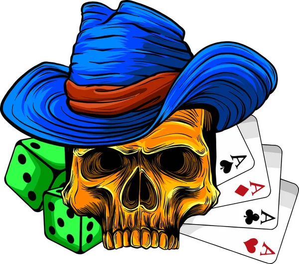Ilustração Vetorial Crânio Cowboy Com Poker Empate Digital Dados — Vetor de Stock