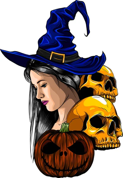 Illustration Witch Skulls Pumpkin White Background — Stock Vector