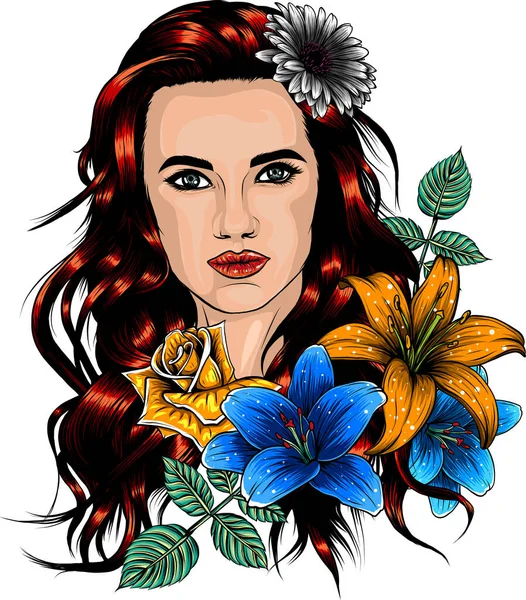 Portrait Jeune Belle Femme Avec Des Fleurs — Image vectorielle