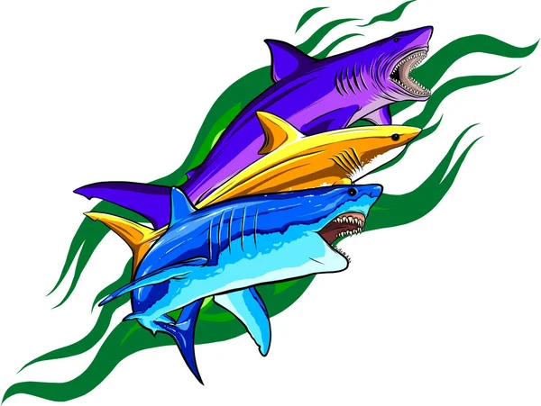 Ilustração Vetorial Tubarões Sobre Fundo Branco Desenho Digital — Vetor de Stock