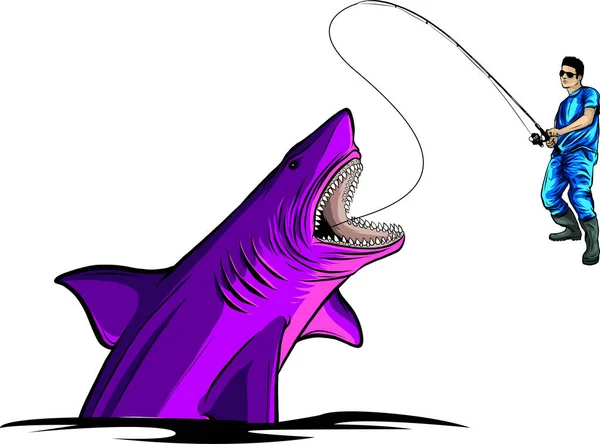 Ilustracja Połowów Rekinach Rybak Wyciąga Dużą Rybę — Wektor stockowy