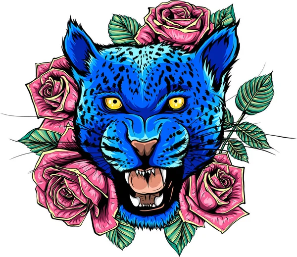 Ilustración Vectorial Cabeza Leopardo Con Rosa Sobre Fondo Blanco — Vector de stock