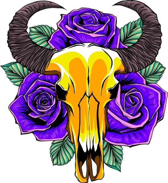 Cráneo Toro Decorado Con Follaje Flores Estilo Bohemio Vintage Ilustración — Vector de stock