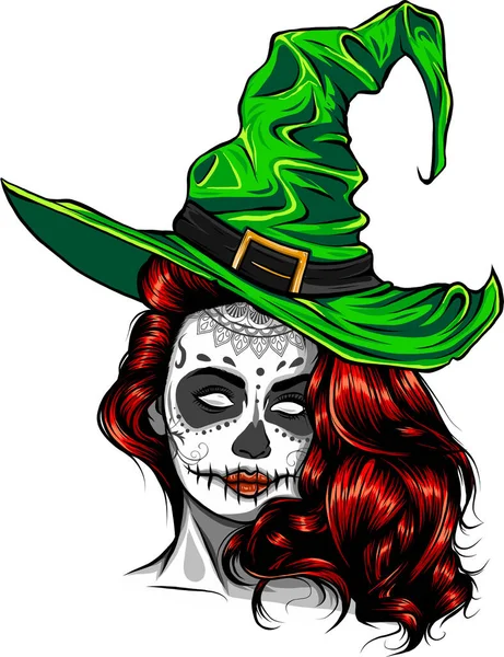Klasik Şapkalı Güzel Cadı Renkli Saç Vektörü Çizimi — Stok Vektör