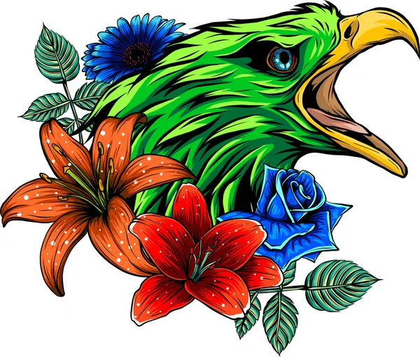 Illustration Tête Aigle Avec Fleur Sur Fond Blanc — Image vectorielle